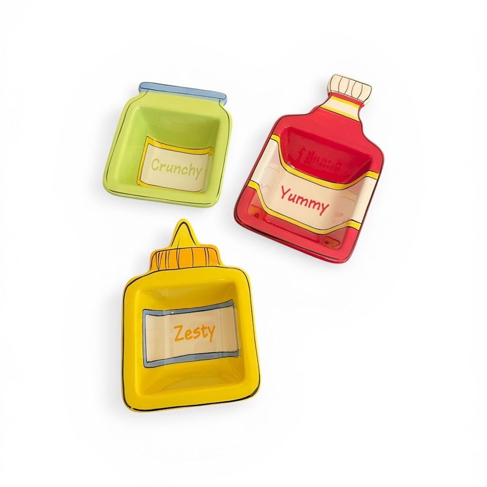 Hallmark Ceramic Condiment Dipping Bowls Set of 3 Ketchup Mustard Pickle Jar